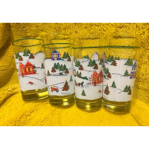 Vtg Libbey Winter Village Glasses Set Of 4 Horse Sleigh Ride Christmas 14 Oz - Picture 1 of 4